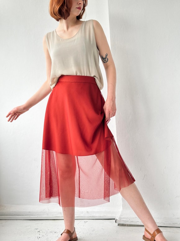 Retrobird Tile Midi Length Tulle Romantic Design Skirt