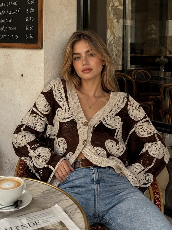 Retrobird Nell Şal Motifli Düğmeli Krem - Kahve Kroşe Hırka