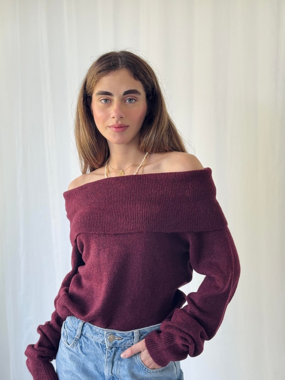 Retrobird Off-the-Shoulder Burgundy Strapless Folded Knit Sweater