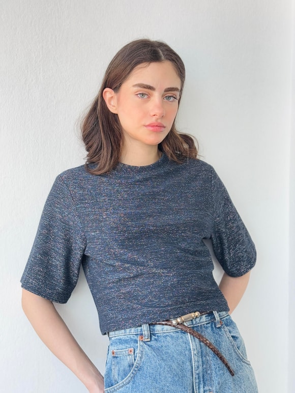 Retrobird Parlak Simli Crop Bluz
