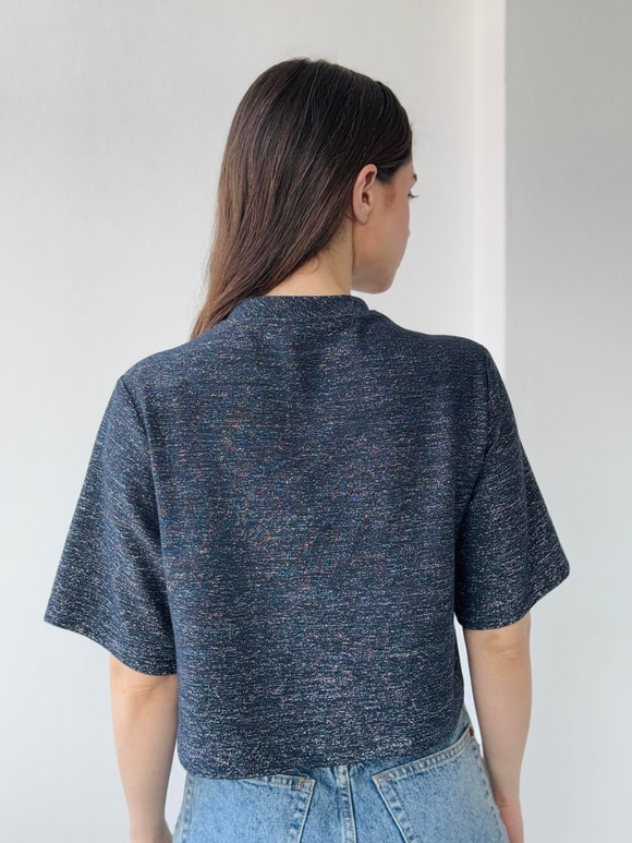 Retrobird Parlak Simli Crop Bluz