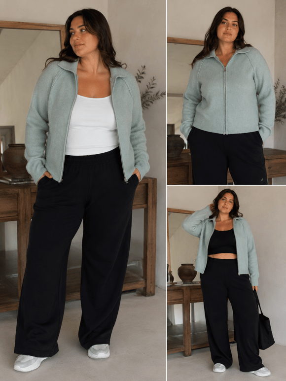 Retrobird Rosalie Oversize Polo Yaka Çift Fermuarlı Buz Mavi Triko Hırka