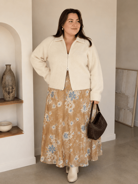Retrobird Rosalie Oversize Polo Yaka Çift Fermuarlı Krem Triko Hırka