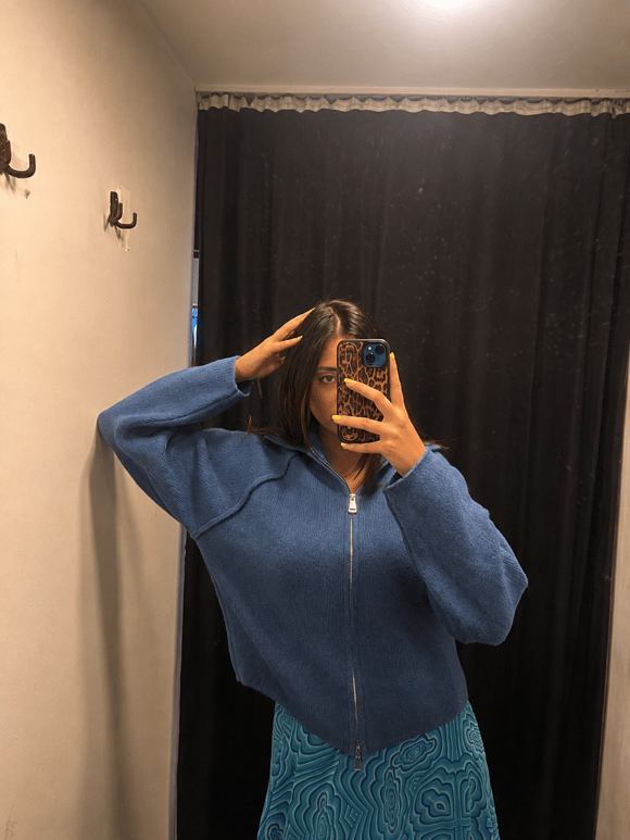 Retrobird Rosalie Oversize Polo Yaka Çift Fermuarlı Lacivert Triko Hırka