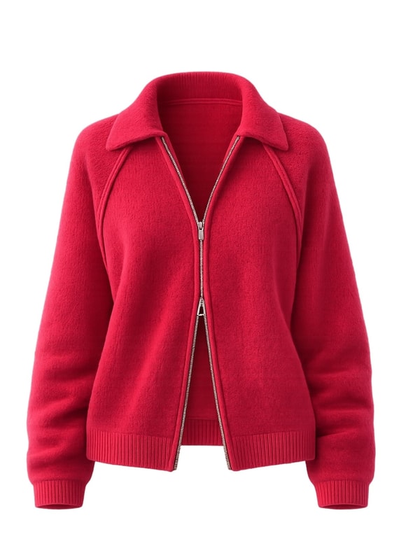 Retrobird Rosalie Oversize Polo Yaka Çift Fermuarlı Kırmızı Triko Hırka