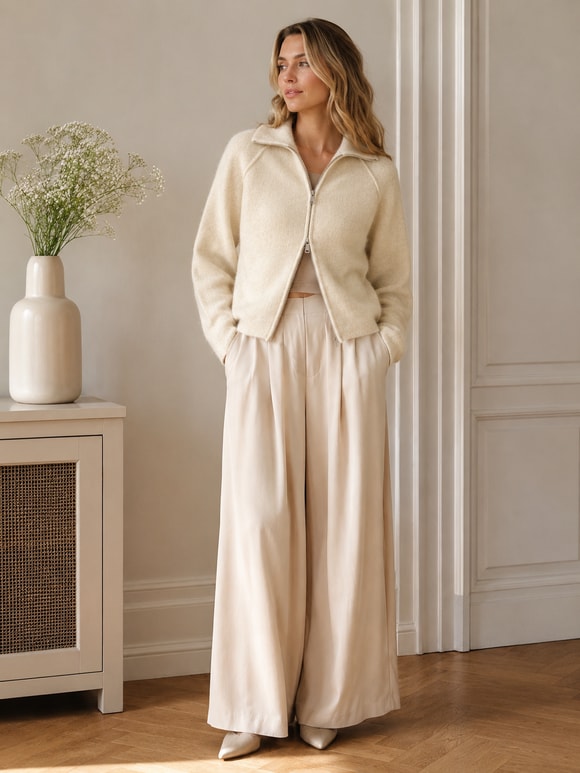 Retrobird Rosalie Oversize Polo Yaka Çift Fermuarlı Krem Triko Hırka