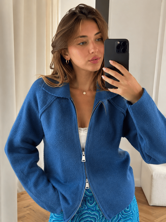 Retrobird Rosalie Oversize Polo Yaka Çift Fermuarlı Lacivert Triko Hırka