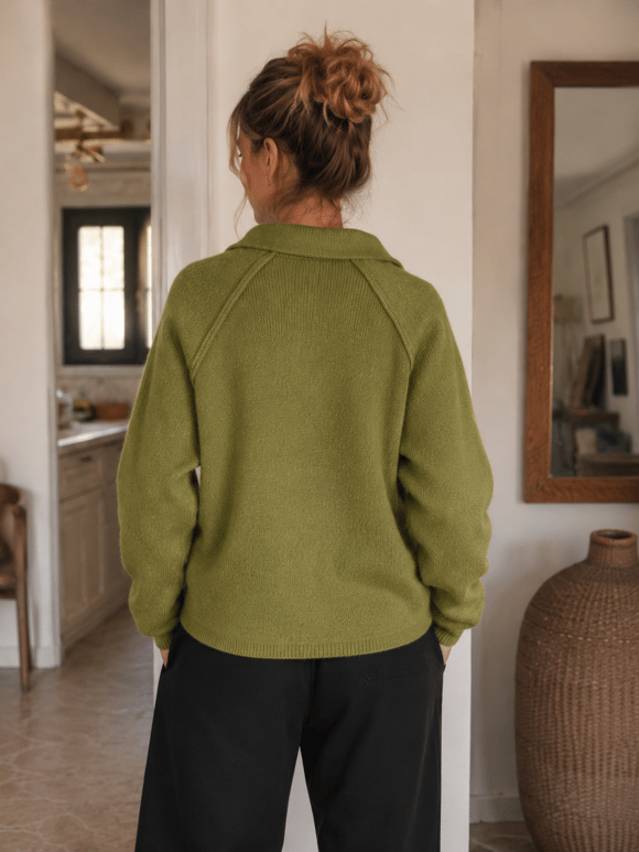 Retrobird Rosalie Oversize Polo Yaka Çift Fermuarlı Haki Triko Hırka