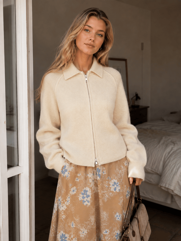 Retrobird Rosalie Oversize Polo Yaka Çift Fermuarlı Krem Triko Hırka