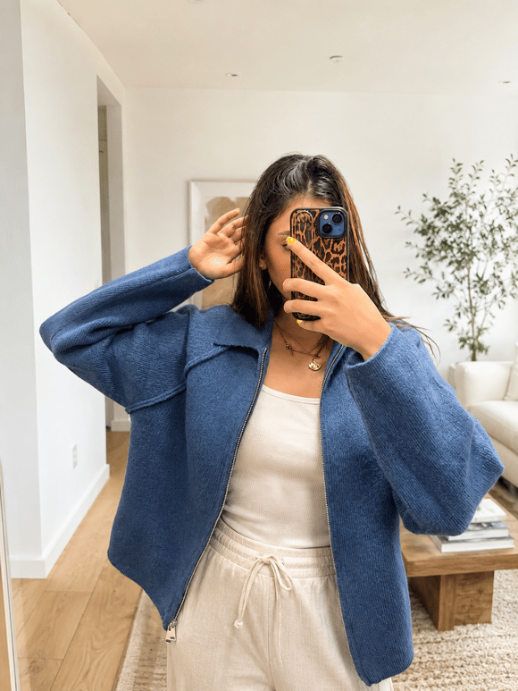 Retrobird Rosalie Oversize Polo Yaka Çift Fermuarlı Lacivert Triko Hırka