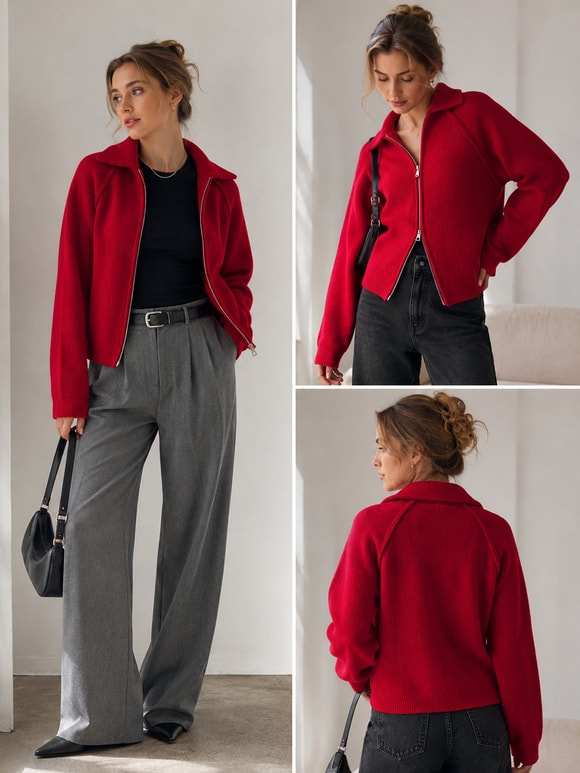 Retrobird Rosalie Oversize Polo Yaka Çift Fermuarlı Kırmızı Triko Hırka
