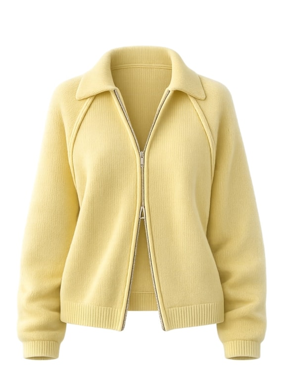 Retrobird Rosalie Oversize Polo Yaka Çift Fermuarlı Sarı Triko Hırka