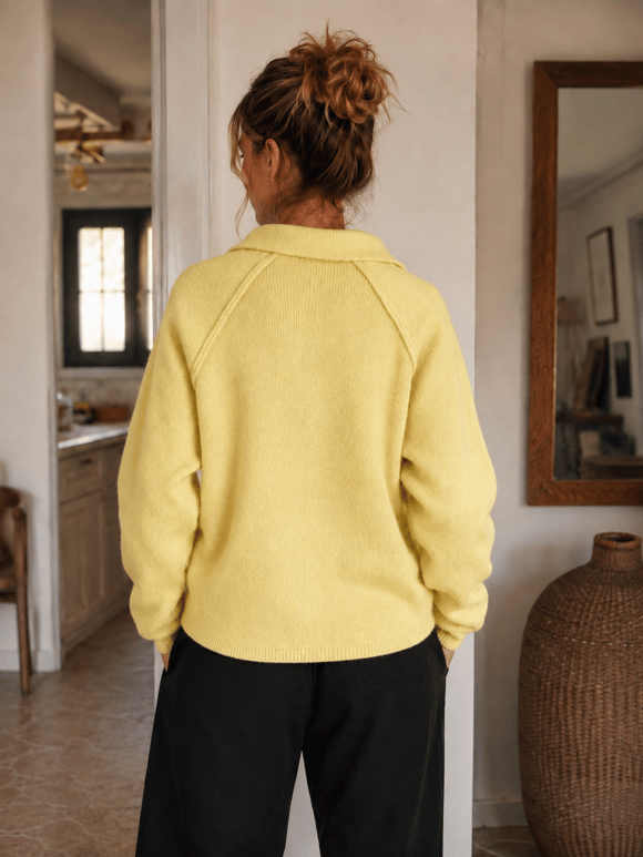 Retrobird Rosalie Oversize Polo Yaka Çift Fermuarlı Sarı Triko Hırka