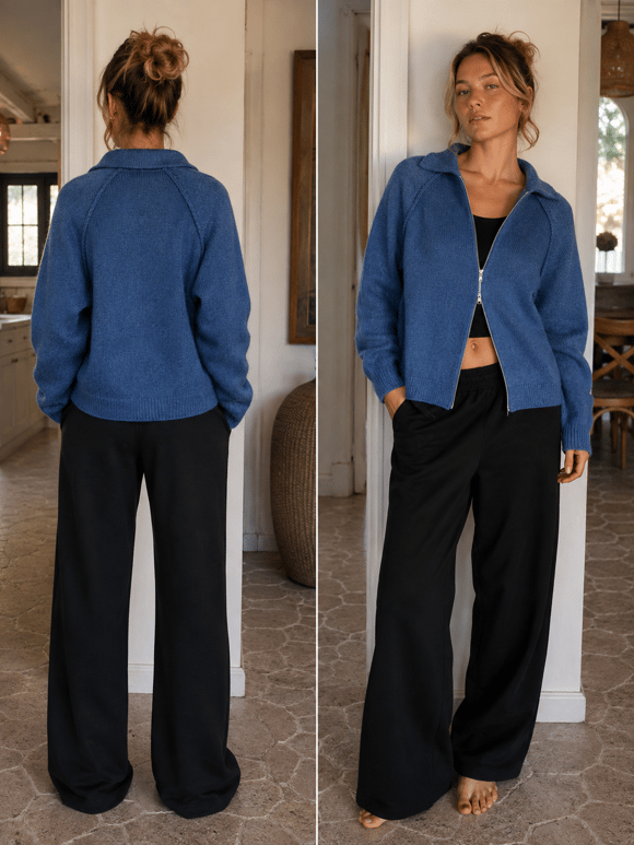 Retrobird Rosalie Oversize Polo Yaka Çift Fermuarlı Lacivert Triko Hırka