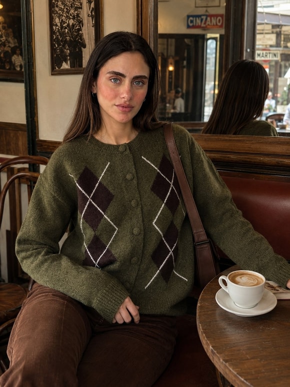 Retrobird Sally Baklava Desenli Düğmeli Haki Triko Hırka
