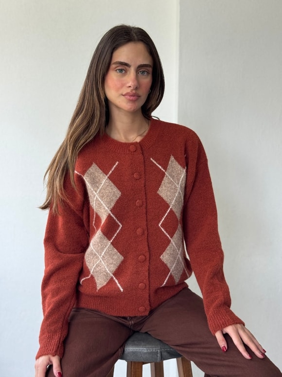 Retrobird Sally Baklava Desenli Düğmeli Tarçın Triko Hırka