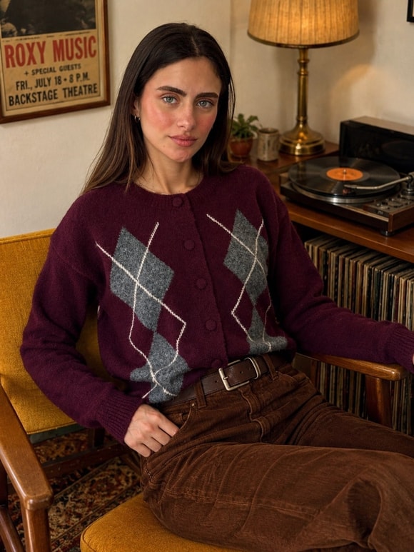 Retrobird Sally Baklava Desenli Düğmeli Bordo Triko Hırka