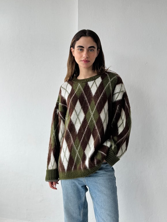 Retrobird Raised Feathered Diamond Slice Khaki Knit Sweater