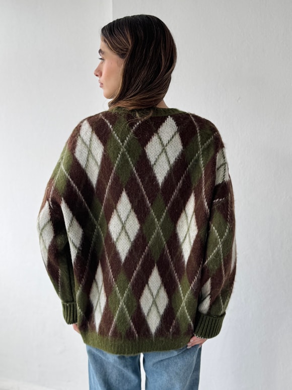 Retrobird Raised Feathered Diamond Slice Khaki Knit Sweater
