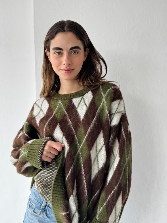 Retrobird Raised Feathered Diamond Slice Khaki Knit Sweater