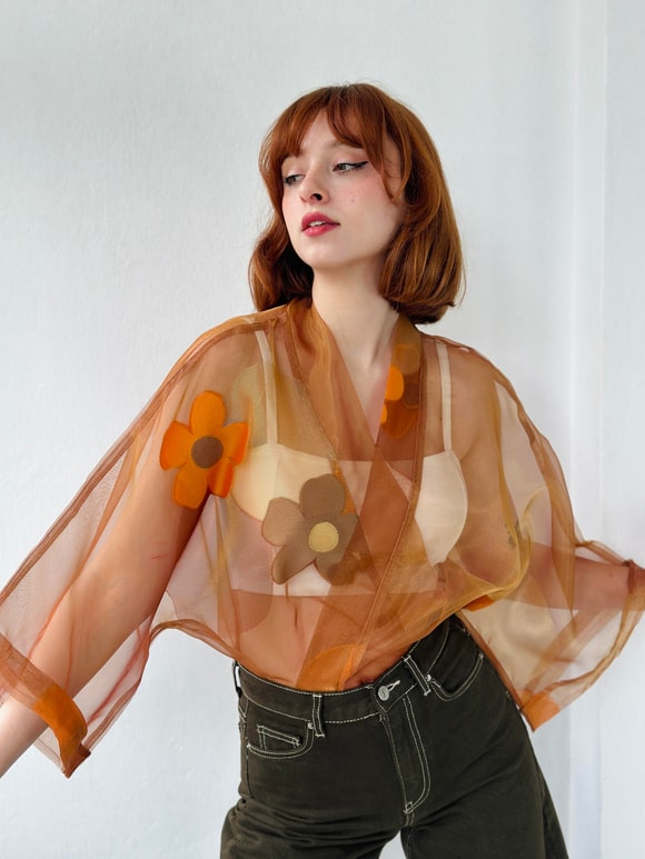 Retrobird Tarçın Renkli Tasarım Mini Kimono