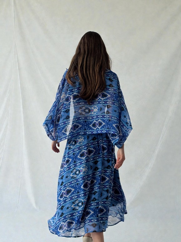 Retrobird Tasarım Boho Desen Mavi Mini Kimono