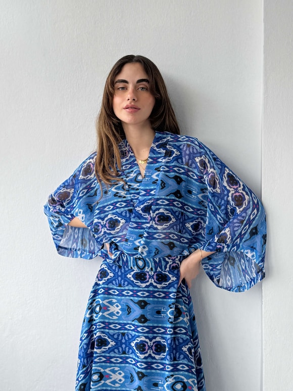 Retrobird Tasarım Boho Desen Mavi Mini Kimono