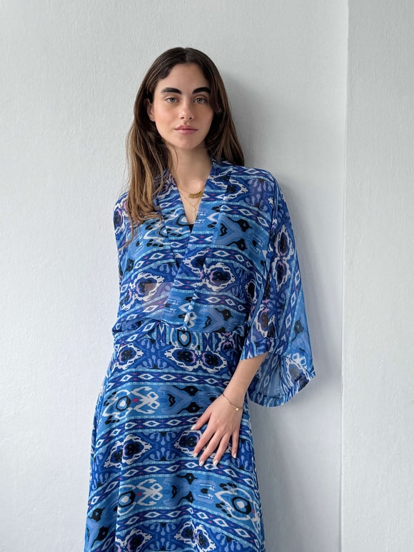 Retrobird Tasarım Boho Desen Mavi Mini Kimono