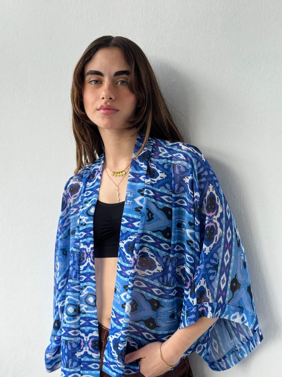 Retrobird Tasarım Boho Desen Mavi Mini Kimono