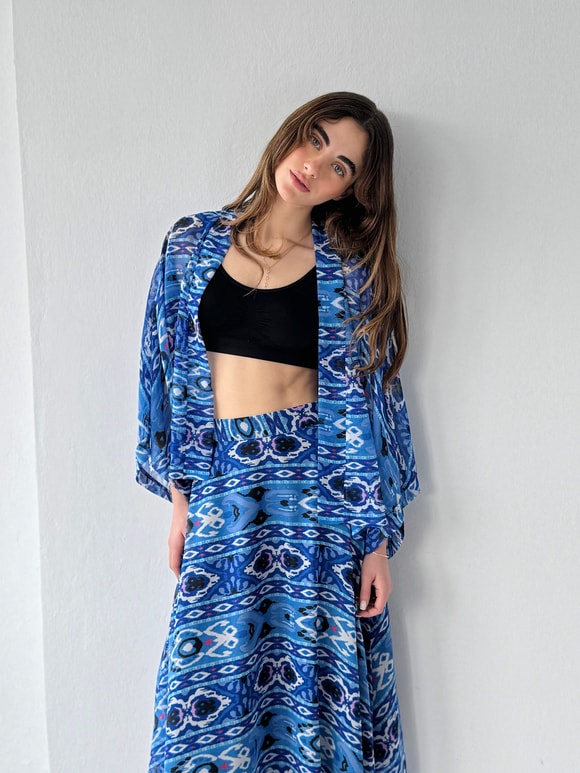 Retrobird Tasarım Boho Desen Mavi Mini Kimono