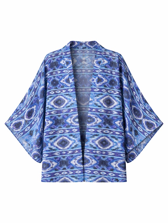 Retrobird Tasarım Boho Desen Mavi Mini Kimono