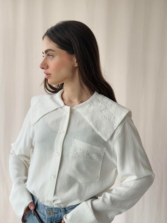 Retrobird Tasarım Dantelli Bebe Yaka Ekru Gömlek