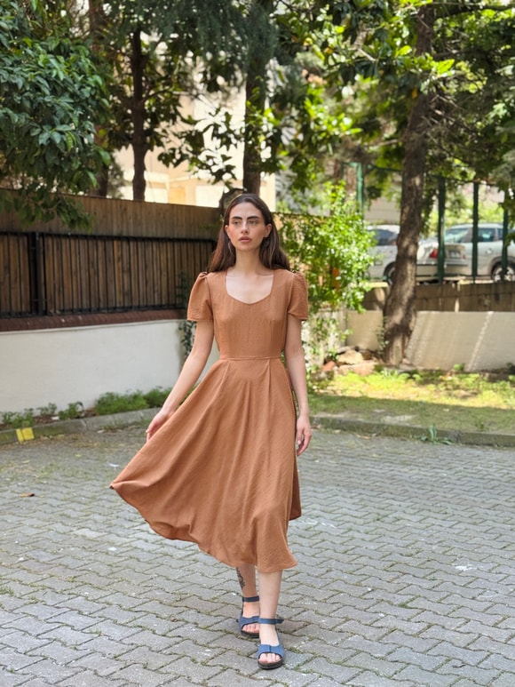 Retrobird Tasarım Matilda Tarçın Renkli Uzun Elbise