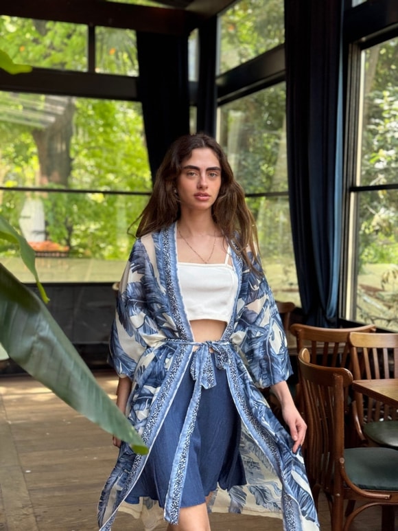 Retrobird Tasarım Mavi Palmera Wrap Kimono
