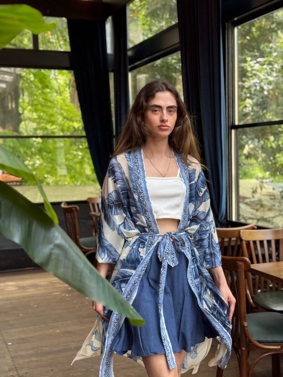 Retrobird Tasarım Mavi Palmera Wrap Kimono