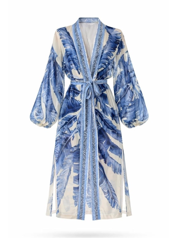 Retrobird Tasarım Mavi Palmera Wrap Kimono