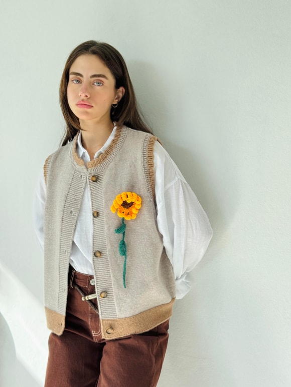 Retrobird Tasarım Nakışlı Ayçiçeği Kabartmalı  Simli Yelek