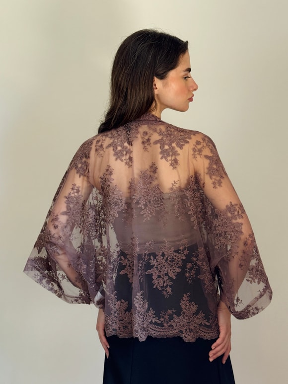 Retrobird Tasarım Transparan Dantel Boho Mini Kimono