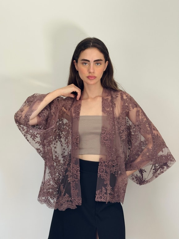Retrobird Tasarım Transparan Dantel Boho Mini Kimono