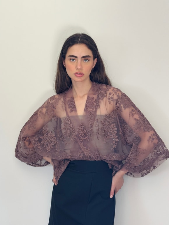 Retrobird Tasarım Transparan Dantel Boho Mini Kimono