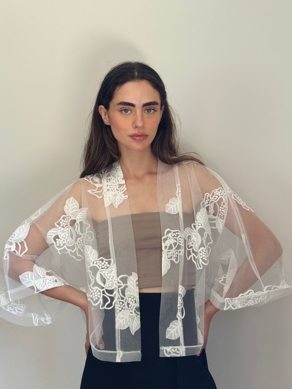 Retrobird Tasarım Transparan Dantel Boho Mini Kimono
