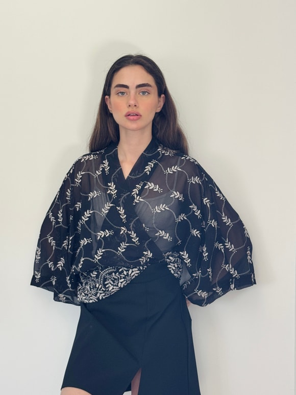 Retrobird Tasarım Transparan Dantel Boho Mini Kimono