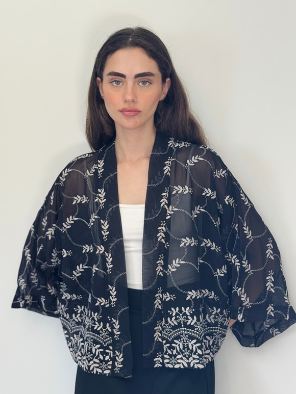 Retrobird Tasarım Transparan Dantel Boho Mini Kimono