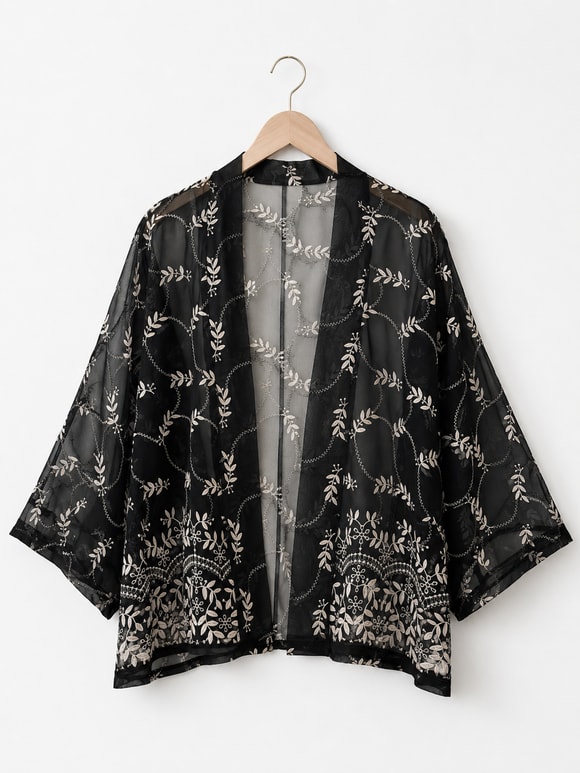 Retrobird Tasarım Transparan Dantel Boho Mini Kimono