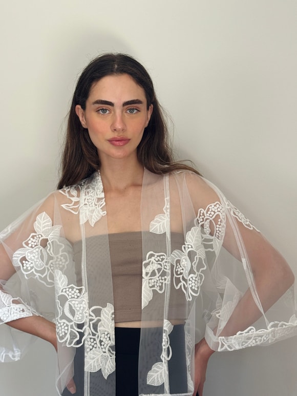 Retrobird Tasarım Transparan Dantel Boho Mini Kimono