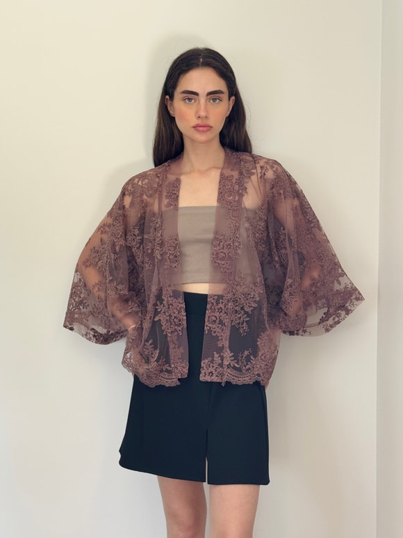 Retrobird Tasarım Transparan Dantel Boho Mini Kimono