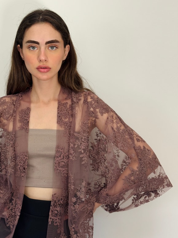 Retrobird Tasarım Transparan Dantel Boho Mini Kimono