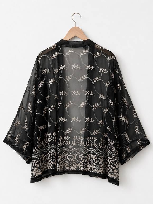 Retrobird Tasarım Transparan Dantel Boho Mini Kimono