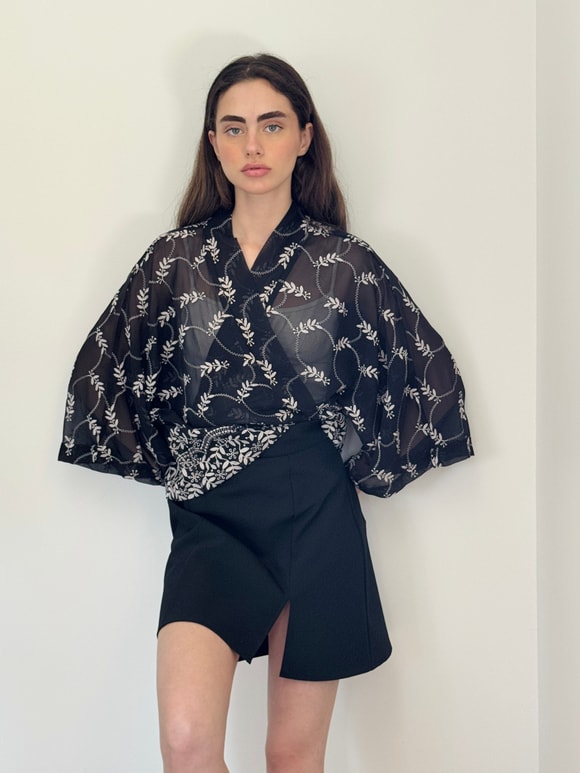 Retrobird Tasarım Transparan Dantel Boho Mini Kimono