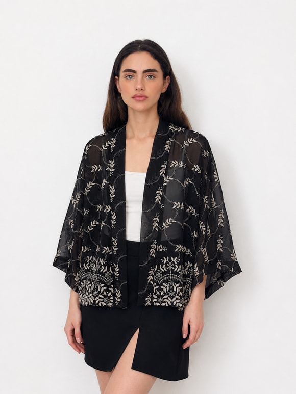 Retrobird Tasarım Transparan Dantel Boho Mini Kimono